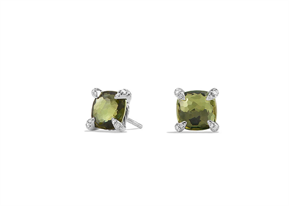 Silver Plated CZ Studded Square Olivine Stud Earring